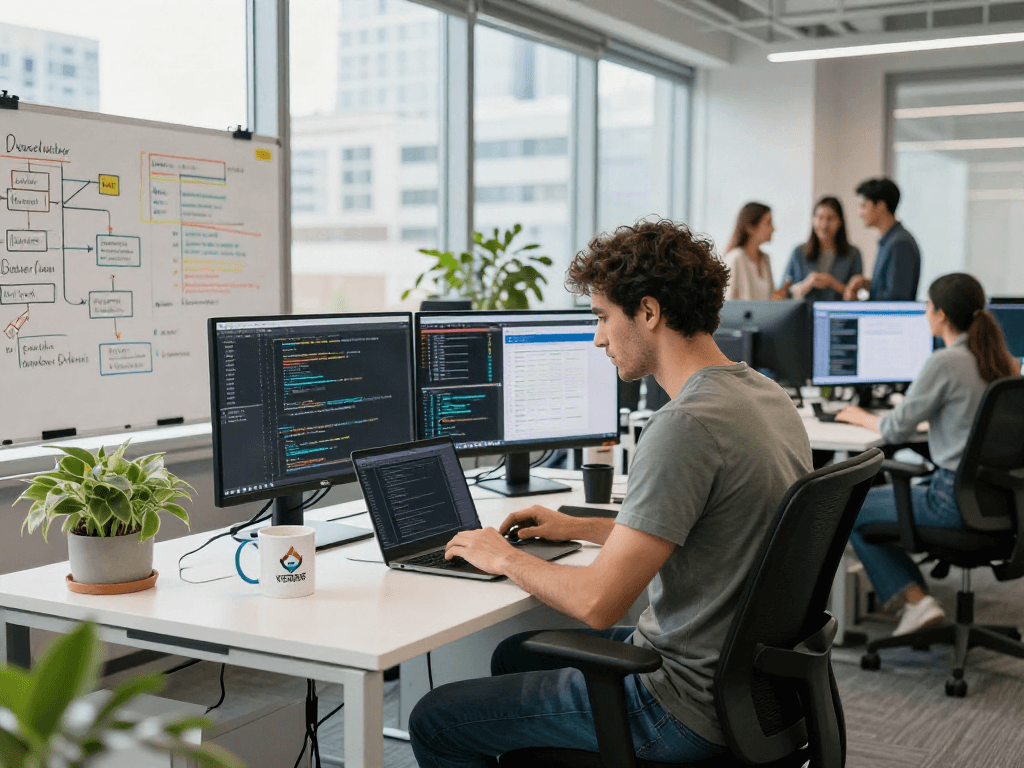 Ingénieur logiciel travaillant dans un bureau moderne sur Atlas pro avec un ordinateur portable.