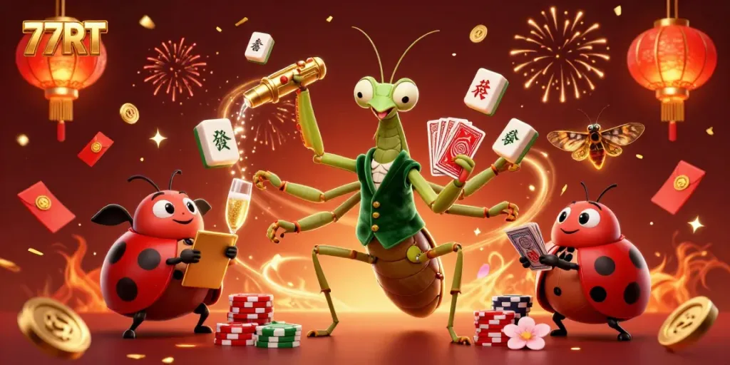 Experience the thrill of 77RT with vibrant visuals of a giant card sharp and ladybug pit boss in a bustling casino scene.