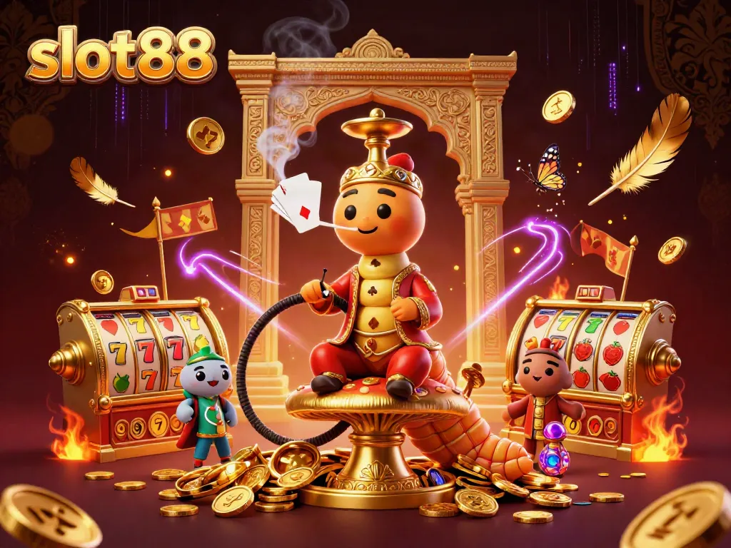 Experience thrilling slot88 adventures in a vibrant 3D casino world with dynamic characters and golden elements.