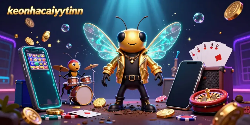 Engage with keonhacaiuytinn's vibrant 3D illustration of a rock star cicada, showcasing playful gambling elements amidst a lively atmosphere.