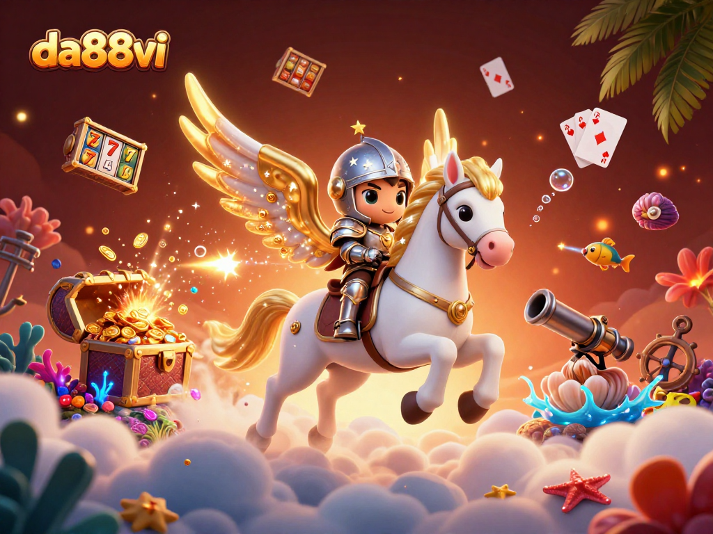 Engage with da88vi's thrilling slots experience depicted in a vibrant, magical 3D scene.