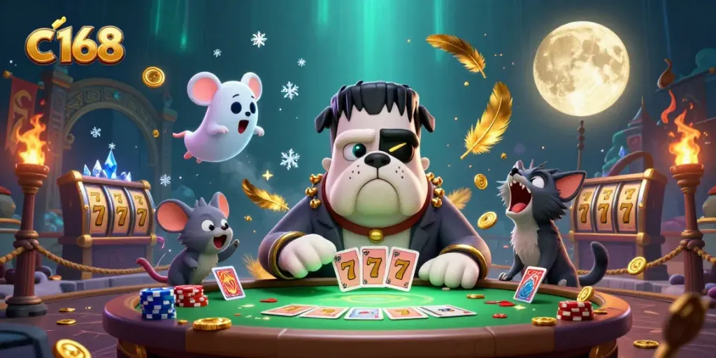 Explore the thrilling world of c 168 with a lively scene featuring a Frankenstein bulldog and friends in an exciting casino.