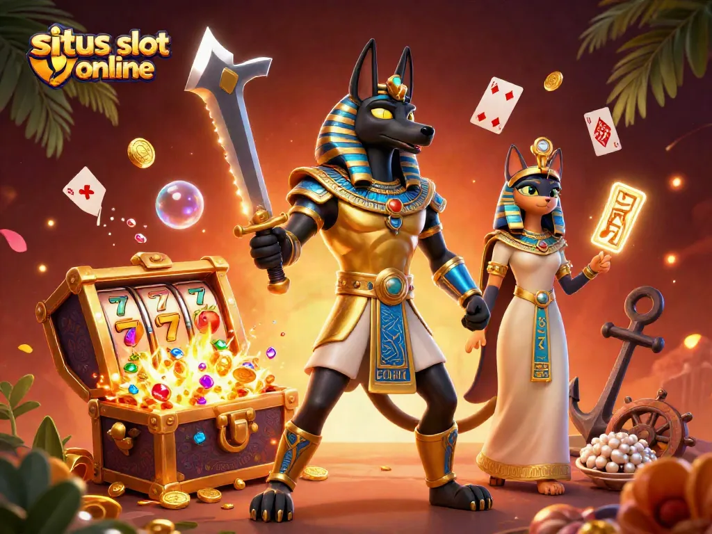 Spin the reels in a vibrant situs slot online scene with Anubis and Bastet amidst treasures.