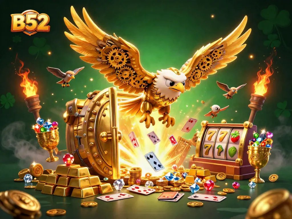 Enjoy exciting B52 gaming with a dynamic illustration of a golden eagle amidst gaming tokens.