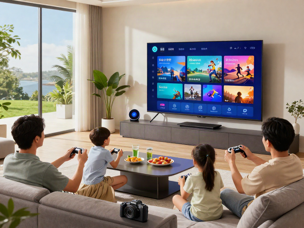 Configuration moderne d'un salon avec Iron TV Pro affichant une interface dynamique et une famille joyeuse.