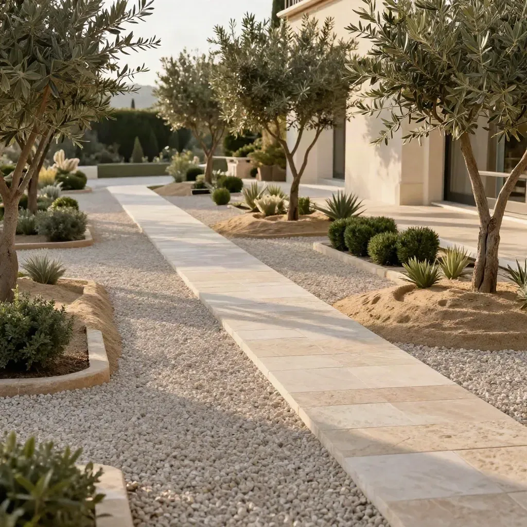 Vue large d’un jardin méditerranéen avec graviers, allée en pierre et jeunes oliviers.