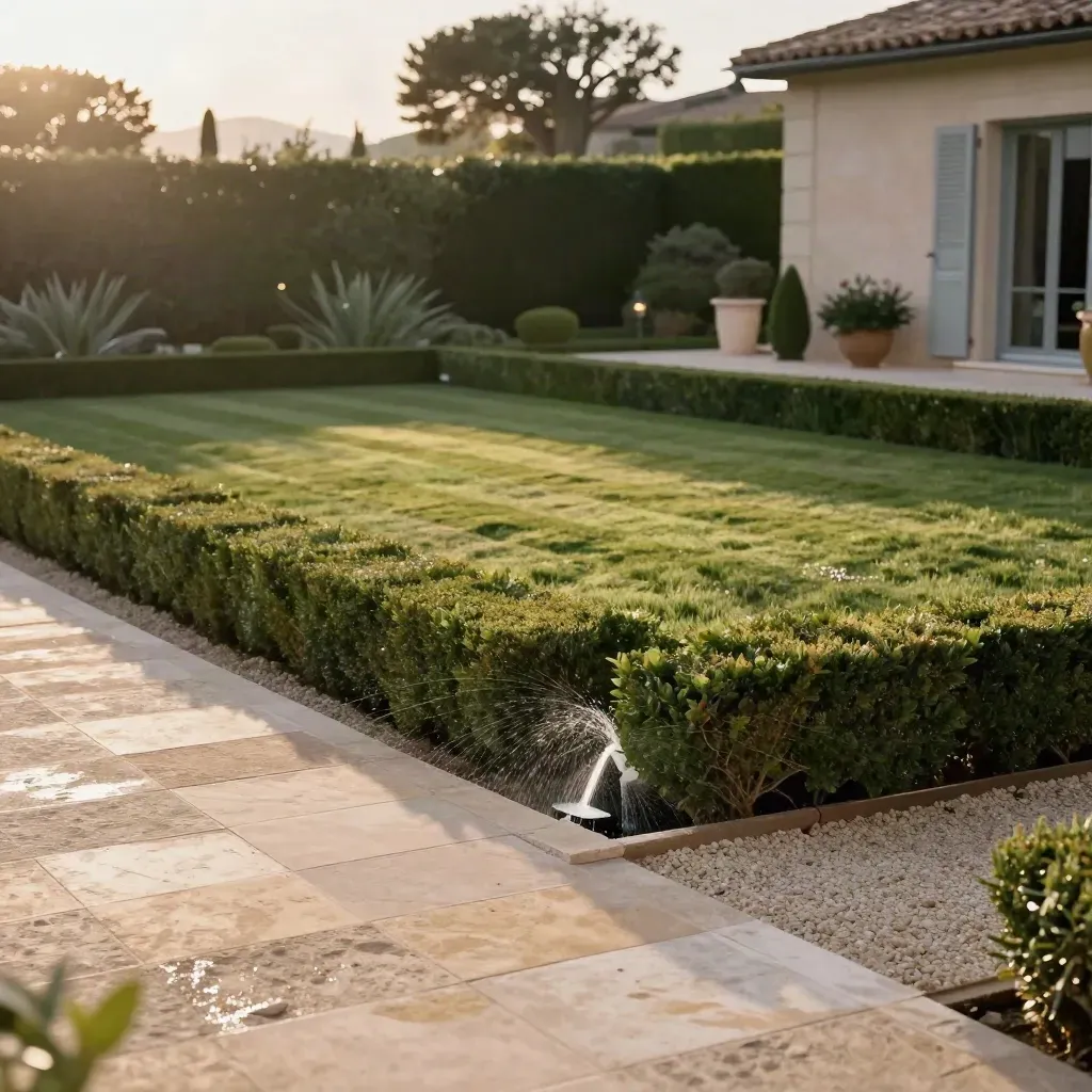 Jardin latéral de villa à Cannes, pelouse striée, haies taillées et arrosage discret