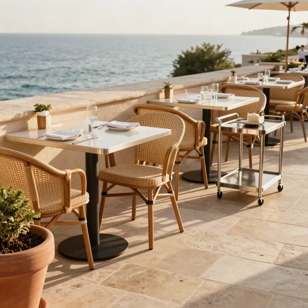 Terrasse d’hôtel à Antibes, tables alignées et bacs taillés au bord de mer