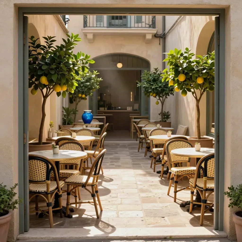Cour d’un restaurant à Menton, chaises alignées et agrumes taillés, prête pour le service.