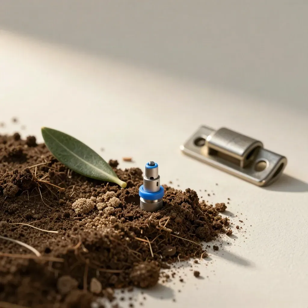 Échantillon de terre, goutteur d’irrigation, feuille coupée et loquet sur plâtre clair.