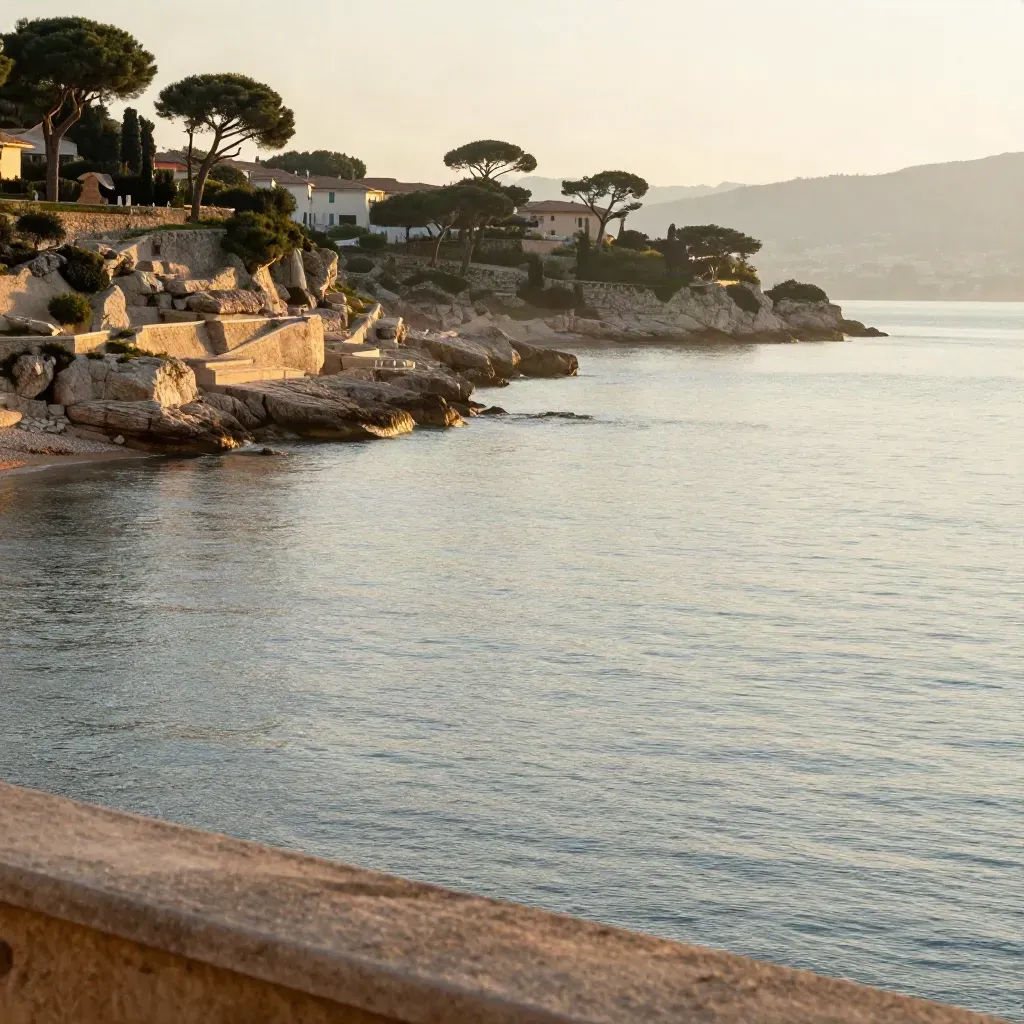Baie de Cannes au coucher du soleil, côte dorée et mer calme dans une légère brume.