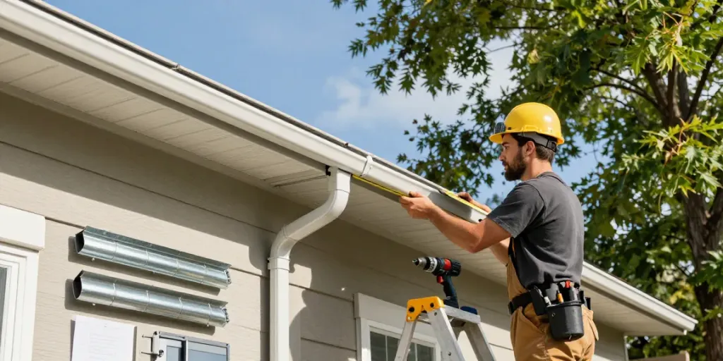 Skilled contractor performing Spokane gutter installation on a sunny suburban home, showcasing professional craftsmanship.