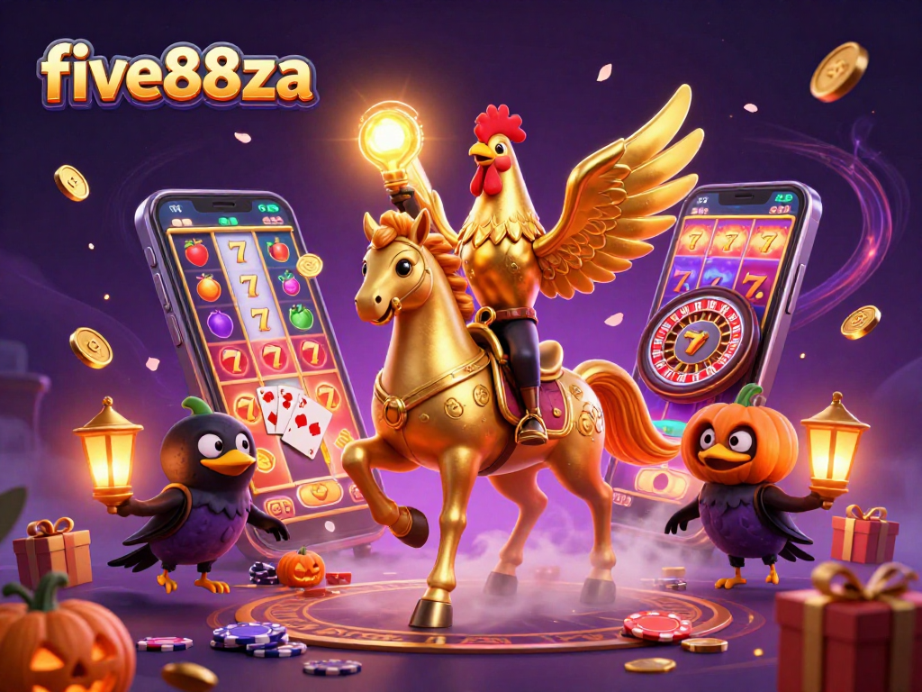 Join the adventure at five88za with a golden rooster and spectral horse in a vibrant casino scene.