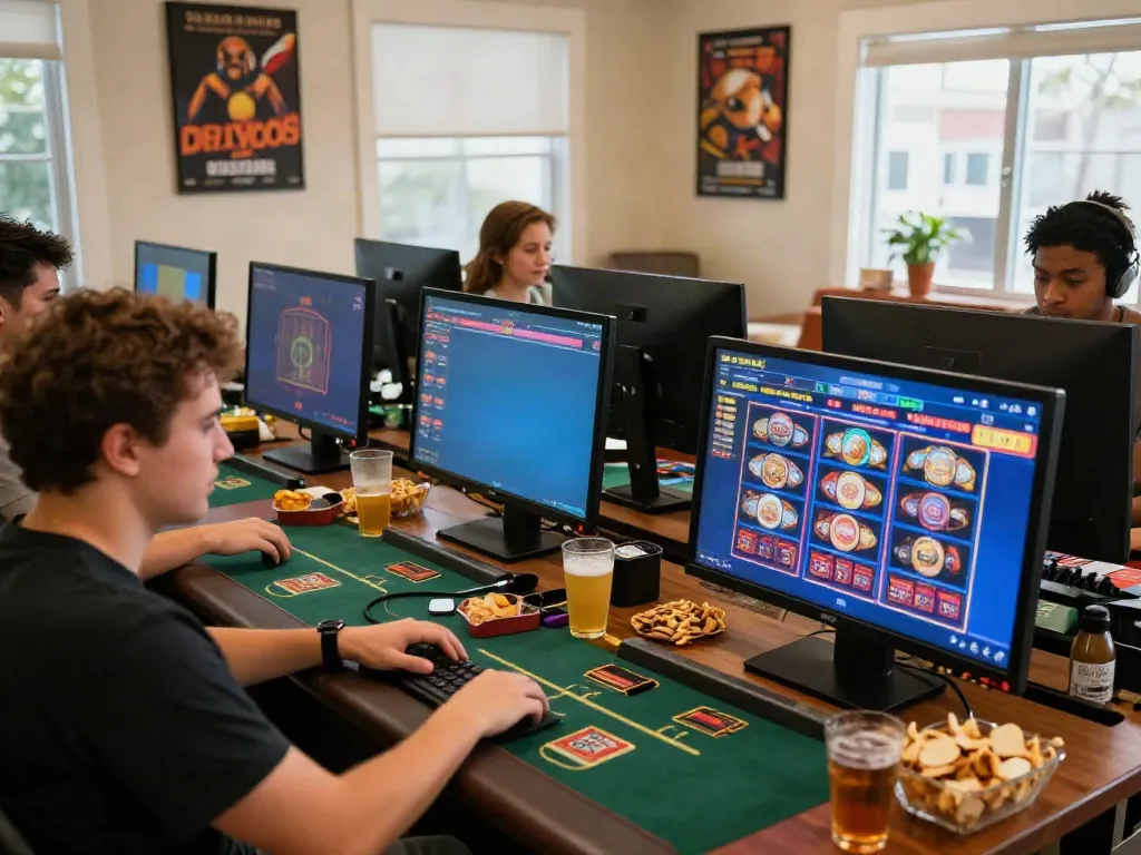 Joueurs de Casino En Ligne engagés dans des jeux variés dans une ambiance chaleureuse.