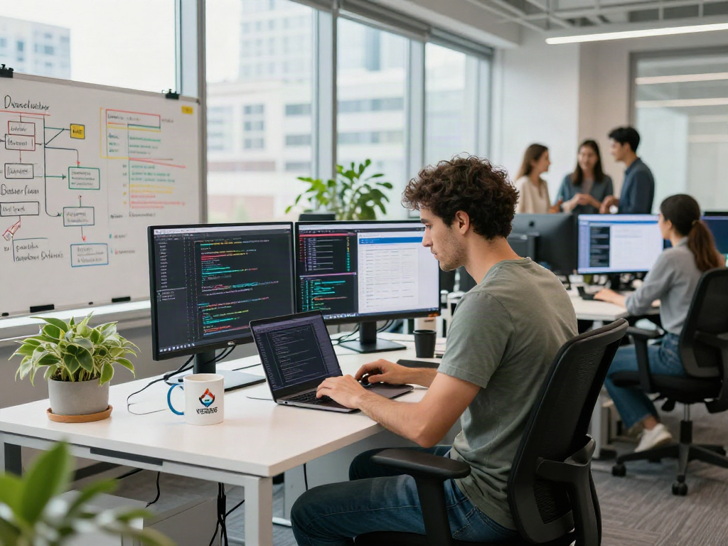 Ingénieur logiciel travaillant dans un bureau moderne sur Atlas pro avec un ordinateur portable.
