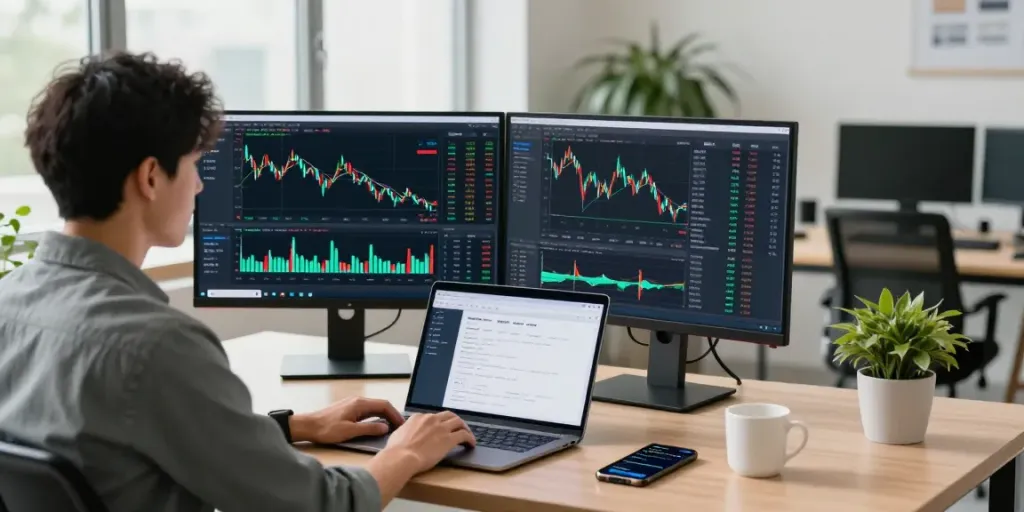 Vue d'un professionnel utilisant la plate-forme de trading la-essorinvexaro.com dans un bureau moderne.