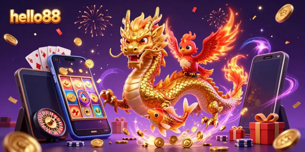 Engage with exciting games at hello88 as a dragon, phoenix, and koi fish celebrate winning jackpots.